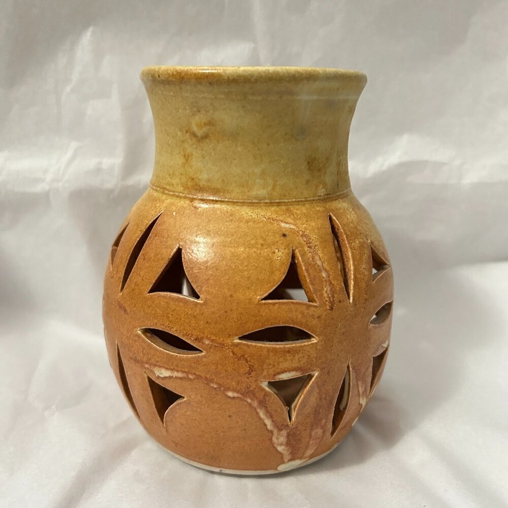 Walt Glass Art Pottery Signed Desert Brown Drip Cut Out Candle Holder Luminary